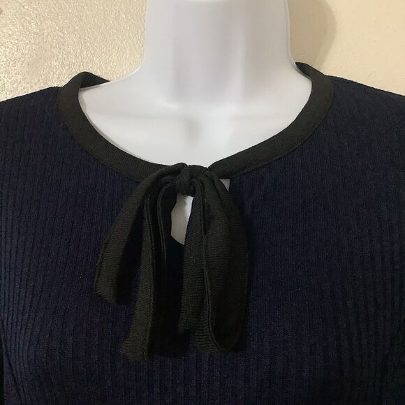 H&M Navy Blue Ribbed Tie Front Twee Preppy Academic Retro Knee Length Dress Sz 8 - Picture 4 of 8